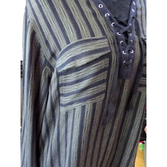 Rock & Republic Women's Green/Black Striped Lace Up Tunic L EUC - Picture 2 of 9